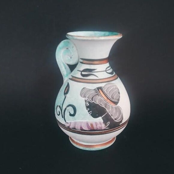 Giannis Rhodes Grecian Style Pottery Bud Vase, Handmade, Gold & Teal, EUC - Picture 1 of 7